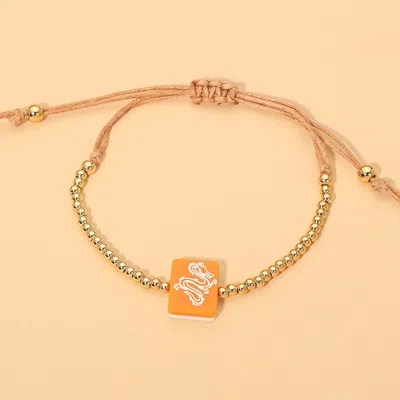 Fashnzfab Decorative Mahjong Charm Beaded Adjustable Cinch Pull Tie Bracelet In Gold