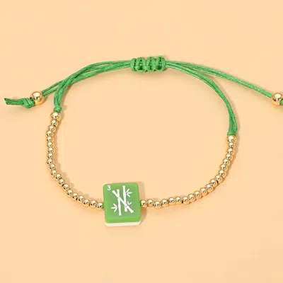Fashnzfab Decorative Mahjong Charm Beaded Adjustable Cinch Pull Tie Bracelet In Green
