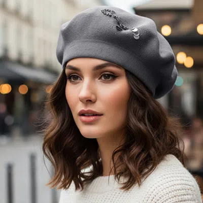 Fashnzfab Decorative Sequin Rhinestone Embellished Winter Beret Hat In Gray