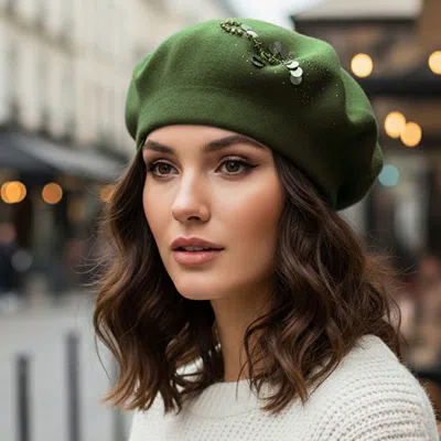 Fashnzfab Decorative Sequin Rhinestone Embellished Winter Beret Hat In Green