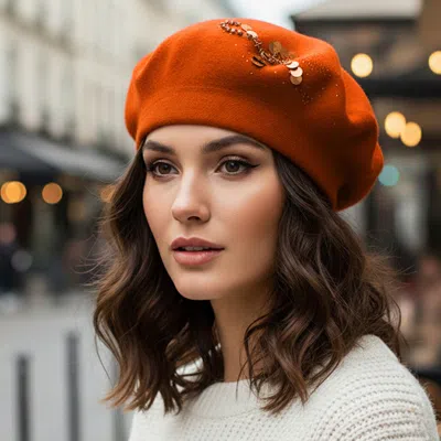 Fashnzfab Decorative Sequin Rhinestone Embellished Winter Beret Hat In Orange