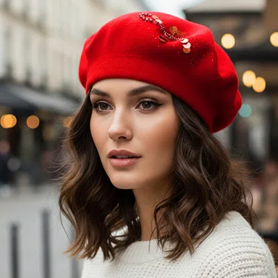 Fashnzfab Decorative Sequin Rhinestone Embellished Winter Beret Hat In Red