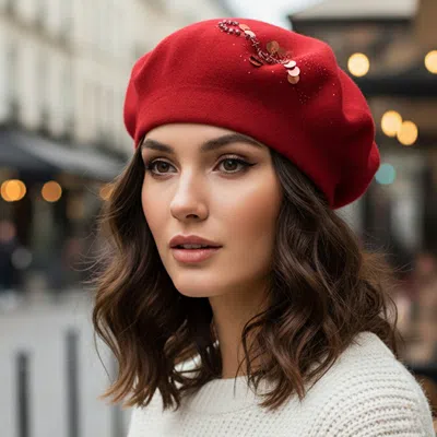 Fashnzfab Decorative Sequin Rhinestone Embellished Winter Beret Hat In Red