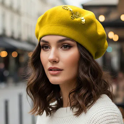 Fashnzfab Decorative Sequin Rhinestone Embellished Winter Beret Hat In Yellow
