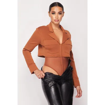 Fashnzfab Deep-v Cropped Power Shoulder Blazer Bodysuit In Brown