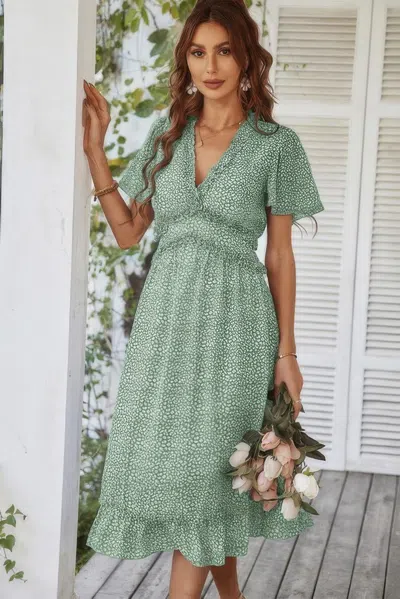 Fashnzfab Deep V Neck Floral Boho Ruffle Short Sleeve Dress In Blue