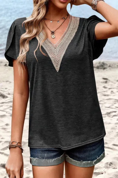Fashnzfab Deep V Neck Lace Ruffle Sleeves Solid Fit Shirt