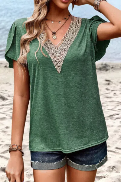 Fashnzfab Deep V Neck Lace Ruffle Sleeves Solid Fit Shirt