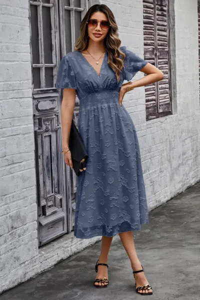 Fashnzfab Deep V Ruched Elastic Belt Smocked Midi Dress
