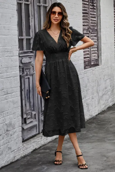 Fashnzfab Deep V Ruched Elastic Belt Smocked Midi Dress
