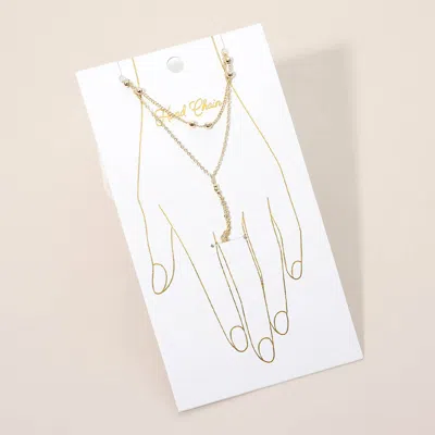 Fashnzfab Delicate Beaded Accent Layered Hand Chain Bracelet In Gold