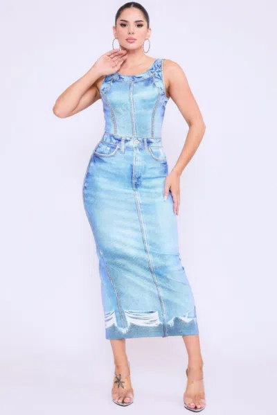 Fashnzfab Denim Print Midi Dress In Multi