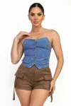 Fashnzfab Denim Tube Button-down Crop Top In Blue