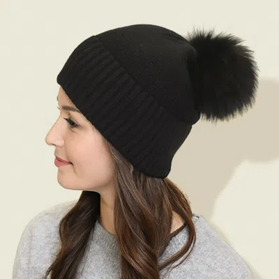 Fashnzfab Detachable Fur Pom Pom Knit Winter Beanie Hat In Black