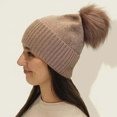 Fashnzfab Detachable Fur Pom Pom Knit Winter Beanie Hat In Brown