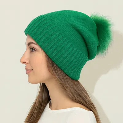 Fashnzfab Detachable Fur Pom Pom Knit Winter Beanie Hat In Green