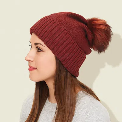 Fashnzfab Detachable Fur Pom Pom Knit Winter Beanie Hat In Red