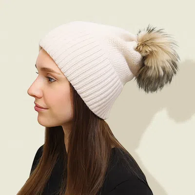 Fashnzfab Detachable Fur Pom Pom Knit Winter Beanie Hat In White