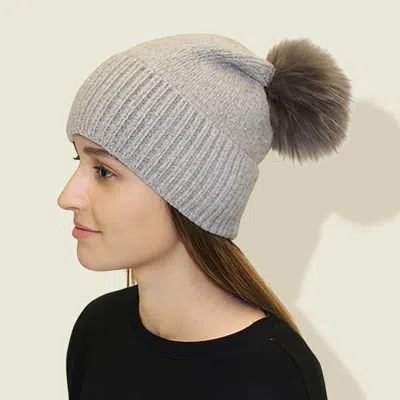 Fashnzfab Detachable Fur Pom Pom Knit Winter Beanie Hat In White