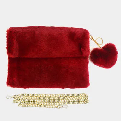 Fashnzfab Detachable Heart Pom Pom Keychain Faux Fur Crossbody Bag In White
