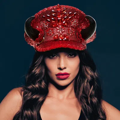 Fashnzfab Devil Horn Accented Glass Stone Embellished Sequin Bling Hat In Multi