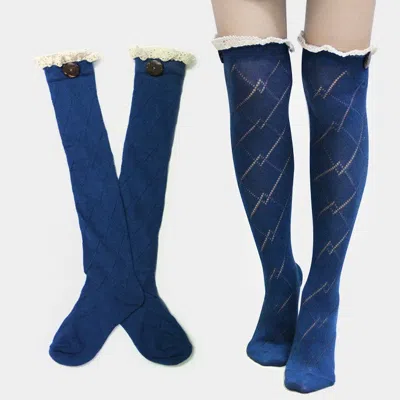 Fashnzfab Diamond Pattern Button Lace Knee-high Cotton Stocking Socks In Blue