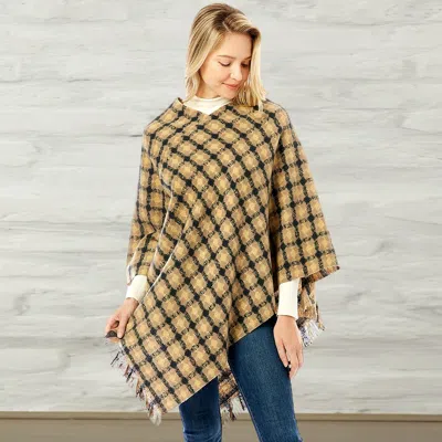 Fashnzfab Diamond Pattern Knitted Poncho In Brown