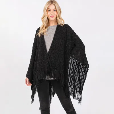 Fashnzfab Diamond Pattern Tassel Knit Ruana Poncho In Black