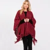 Fashnzfab Diamond Pattern Tassel Knit Ruana Poncho In Red