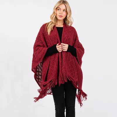 Fashnzfab Diamond Pattern Tassel Knit Ruana Poncho In Red