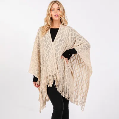 Fashnzfab Diamond Pattern Tassel Knit Ruana Poncho In White
