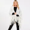 Fashnzfab Diamond Pattern Tassel Knit Ruana Poncho In White