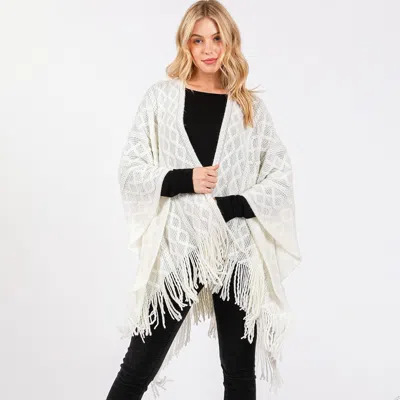 Fashnzfab Diamond Pattern Tassel Knit Ruana Poncho In White