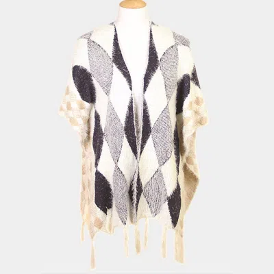 Fashnzfab Diamond Pattern Tassel Poncho In Neutral