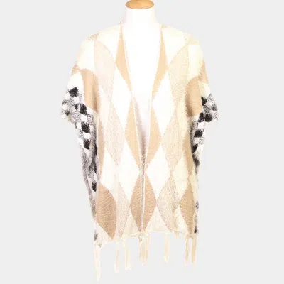 Fashnzfab Diamond Pattern Tassel Poncho In Neutral