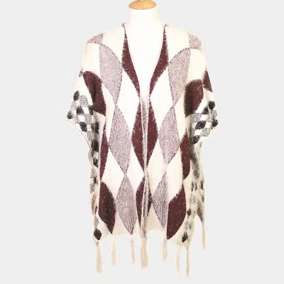 Fashnzfab Diamond Pattern Tassel Poncho In White