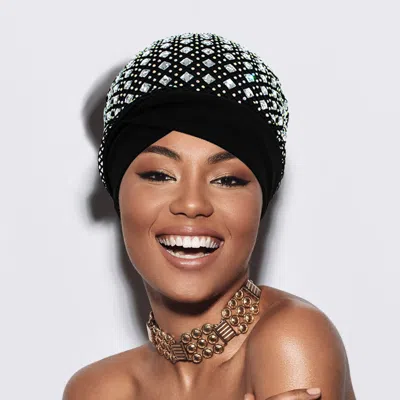Fashnzfab Diamond Stone Bling Studded Turban Hat In Black