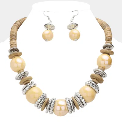 Fashnzfab Disc Wood Cluster Beaded Bib Necklace In Gold