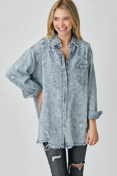 Fashnzfab Distressed Raw Hem Denim Shirt In Multi
