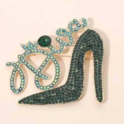 Fashnzfab Diva Message Glamorous High Heel Crystal Rhinestone Pin Brooch In Green