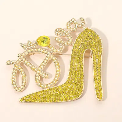 Fashnzfab Diva Message Glamorous High Heel Crystal Rhinestone Pin Brooch In Yellow