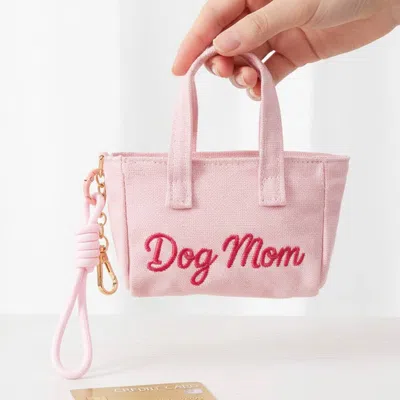 Fashnzfab Dog Mom Embroidered Mini Canvas Tote Bag Keychain Bag Charm In Pink