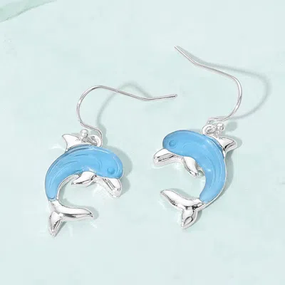Fashnzfab Dolphin Charm Drop Dangle Earrings 0.6" X 1.25" In Blue
