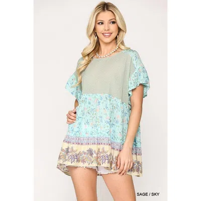 Fashnzfab Dot And Floral Print Mixed Ruffle Top With Back Keyhole In Green