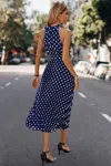 Fashnzfab Dot Print Open Shoulder Fit Knot Belt Dress