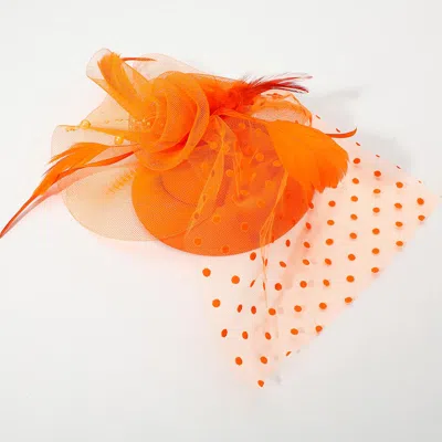 Fashnzfab Dotted Mesh Flower Feather Mesh Fascinator / Headband In Orange