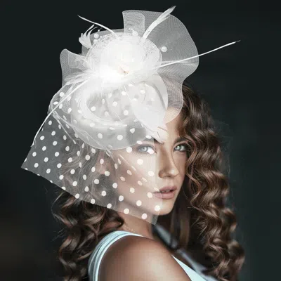 Fashnzfab Dotted Mesh Flower Feather Mesh Fascinator / Headband In White