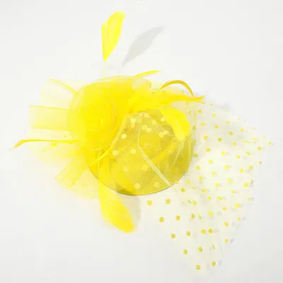 Fashnzfab Dotted Mesh Flower Feather Mesh Fascinator / Headband In Yellow