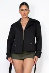 Fashnzfab Double-breasted Waist-tie Trench Coat In Black