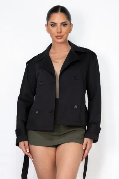 Fashnzfab Double-breasted Waist-tie Trench Coat In Black
